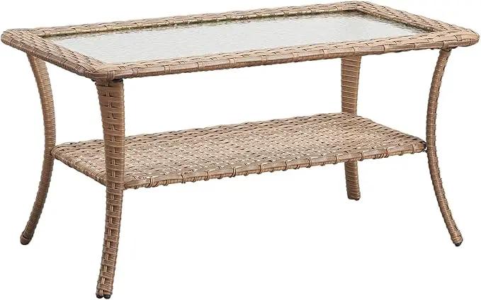 Patio Tables Outdoor Coffee Table - Wicker Rattan Coffee Tables with 2-Tier Storage Shelf Glass Top for Outside Proch Deck Balcony Garden Rectangle Yellow by GreenHaven Gardens