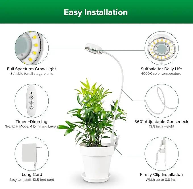 SANSI Grow Lights for Indoor Plants, Pot Clip LED Plant Light for Growing Full Spectrum, Plant Growing Lamp with 4-Level Dimmable, Auto On Off 3 6 12 Hrs Timer for Pot Plants, White 10W 3-Pack by GreenHaven Gardens