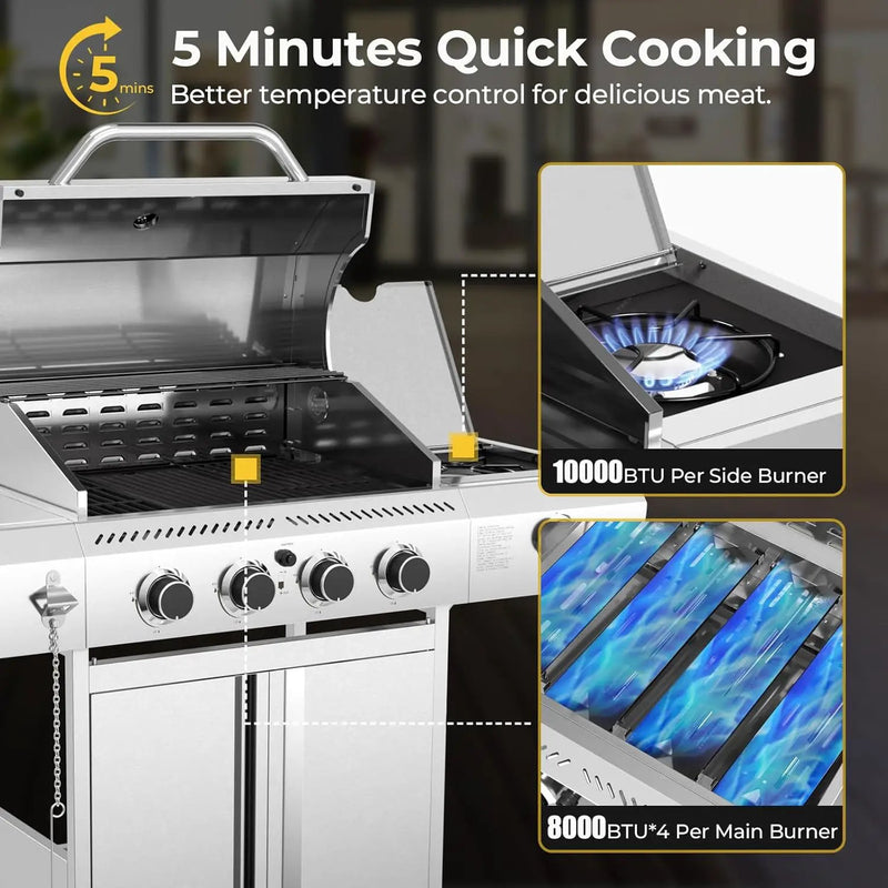 R.W.FLAME 4-Burner Gas Grill with Side Burner, Stainless Steel Propane Grill 42000BTU for Outdoor Cooking, with Porcelain-Enameled Cast Iron Grates, Baking Pan, Silver by GreenHaven Gardens