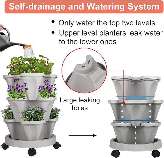 Vertical Planter 3 Tier Stackable Planters Garden Planters Strawberry Herb Flower and Vegetable Planter Indoor Outdoor Gardening Pots with Removable Wheels and Tools by GreenHaven Gardens