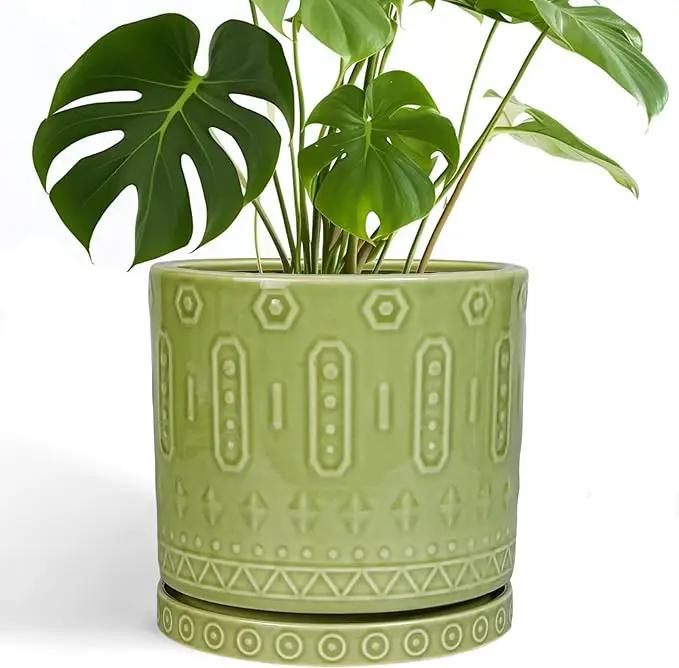 Ceramic Pot for Plants - 10 Inch Indoor Plant Pots with Drainage Holes and Saucer, Boho Round Planter Outdoor, Decorative Large Planter for Flower, Living Room Decor, Garden Gifts, Green by GreenHaven Gardens