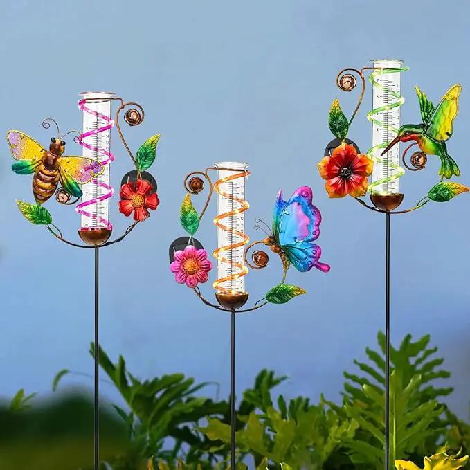 BAYN 36.3” Rain Gauge Outdoor Solar Powered 10 LEDs 7” Tube Garden Butterfly Metal Decorative Stake with Waterproof Large Glass Tube Rain Guage for Yard, Garden, Patio, Lawn by GreenHaven Gardens