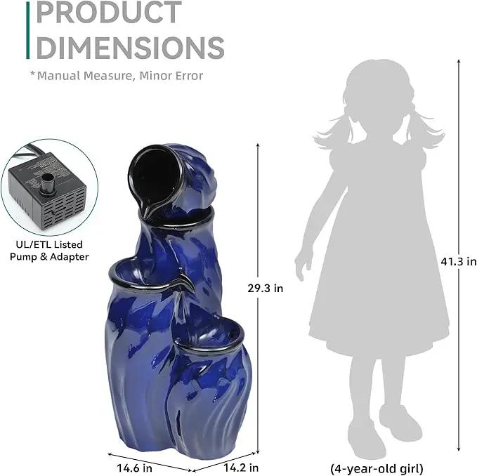 29" Tall Ceramic Water Fountain Outdoor with LED Lights, 4-Tier Cascading Waterfall Garden Fountain, Ideal for Serene Relaxing Patio, Yard or Porch, Cobalt Blue Glaze, Dynamic Wave-Texture by GreenHaven Gardens