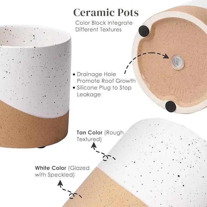 Ceramic Pots for Indoor Plants, 2 Set Flower Pots 5.4/4.3 Inch with Drainage, Double Color Glazed Speckled White & Terracotta Bottom Ceramic Planter Idea for Plant Lovers by GreenHaven Gardens