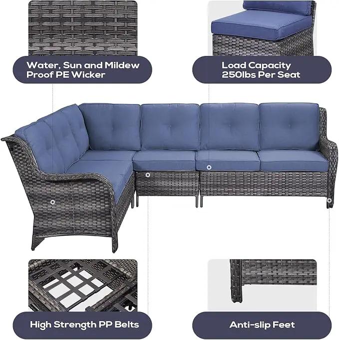 Outdoor Furniture Sectional Sofa L Shaped Couch - Patio Wicker Set with 2 Swivel Glider Chairs, 5 Piece Rattan Patio Conversation Sets with Blue Cushion for Deck Backyard Sunroom by GreenHaven Gardens