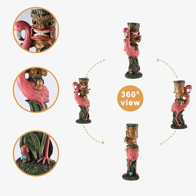 Solar Tiki Statue - Outdoor Statue - Solar Powered Garden Figurine Tiki Decoration for Bar, Patio, Balcony, Yard, Lawn, Table, Riding a Flamingo 13.66 Inches Tall by GreenHaven Gardens