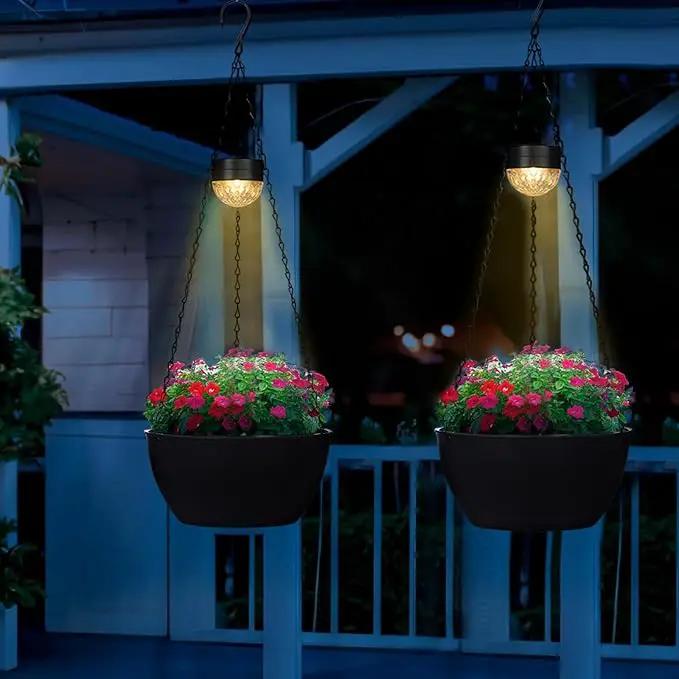 2 Packs Hanging Planters Basket for Outdoor Plants, Solar Powered Self Watering Black Round Plastic Flower Pots with Drainer for Balcony Patio Garden Outdoor Decoration by GreenHaven Gardens