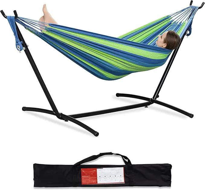 PNAEUT Double Hammocks with Stand for Outside, Portable Space Saving Heavy-Duty Steel Stand for Indoor Outdoor Patio with Carrying Bag, 450 lbs Capacity (Blue) by GreenHaven Gardens