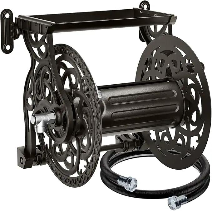 Metal Decorative Garden Hose Reel, Heavy Duty Hose Holder for Outside, Aluminum Frame, No-Leak Aluminum Water System, Easy Assmbly, Wall Mount, Holds 135 ft x 5/8" Hose Storage, Dark Bronze by GreenHaven Gardens