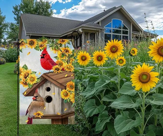 BLKWHT Summer Sunflowers Cardinal Bird Garden Flag 12x18 Vertical Double Sided Yellow Flowers Spring Farmhouse Holiday Outside Decorations Burlap Yard Flag BW815 by GreenHaven Gardens