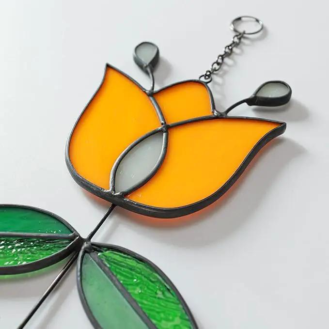Tulip Stained Glass Suncatcher, Valentines Day Gifts, Folk Flower Stained Glass Window Hanging Sun Catcher, Retro Home Decor, Window Decorations for Plant Lovers, 9.4" x 4.7" by GreenHaven Gardens