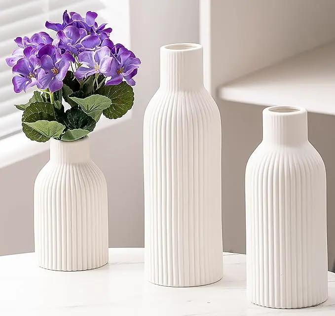 Ceramic Vase Set of 3, Flower Vases for Spring Room Decor, Kitchen Farmhouse, Modern Boho Style(White) by GreenHaven Gardens