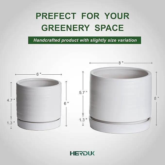 6 + 8 Inch Plant Pots, Ceramic Planter Pot with Drainage Hole & Saucer, Indoor/Outdoor Cylinder Round Planter Pot, Matte White by GreenHaven Gardens