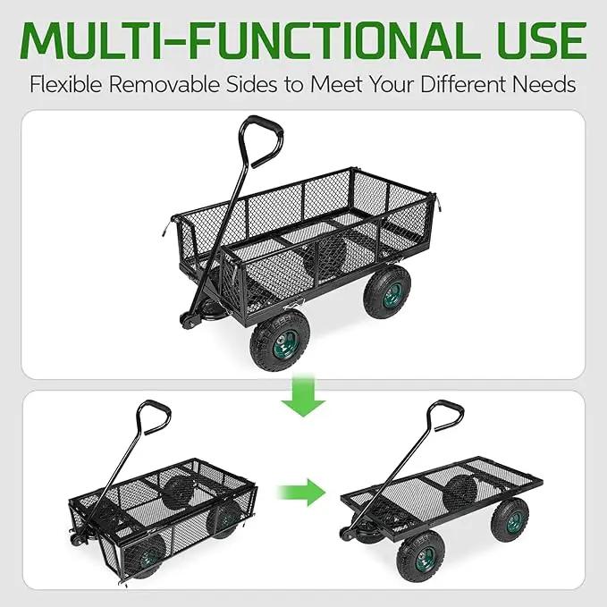 Taifa Heavy Duty Utility Steel Garden Cart 880 Lbs Capacity with Detachable Side Panels Convert to Flatbed for Yard Lawn and Farm, Metal Wagon with 180° Rotating Handle, Black by GreenHaven Gardens