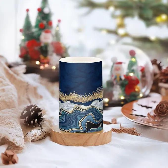 Flickering Flameless Candles, Navy Blue Marble Golden Veins LED Candles with Remote Timer, Set of 2 Battery Operated Candle for Valentine Wedding Birthday by GreenHaven Gardens