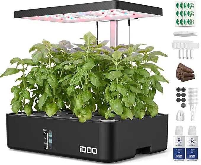 iDOO Hydroponics Growing System Kit 12Pods, Gardening Gifts for Women Mom, Indoor Herb Garden with LED Grow Light, Built-in Fan, Auto-Timer, Adjustable Height Up to 11.3", 12Pods-Black by GreenHaven Gardens
