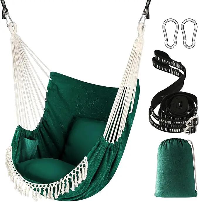 Chihee Hammock Chair Hanging Swing 2 Pillows Included,Strong Webbing Straps and Hooks for Easy Hanging Soft Cotton Hanging Chair Side Pocket Tassel Chair Comfort Indoor Outdoor by GreenHaven Gardens