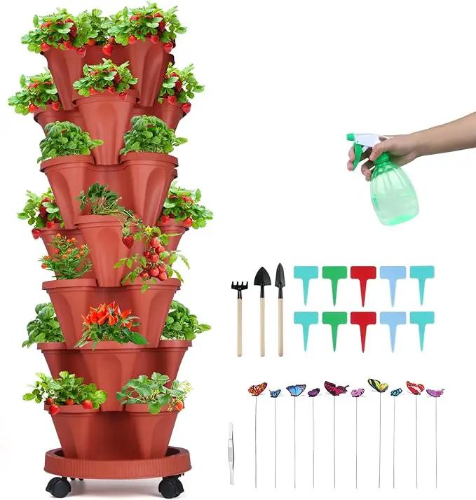 Vertical Planter, 7 Tier Stackable Strawberry Planter with Garden Tool Set, Movable Indoor/Outdoor Garden Herb Pot for Growing Vegetables and Succulents, Red by GreenHaven Gardens