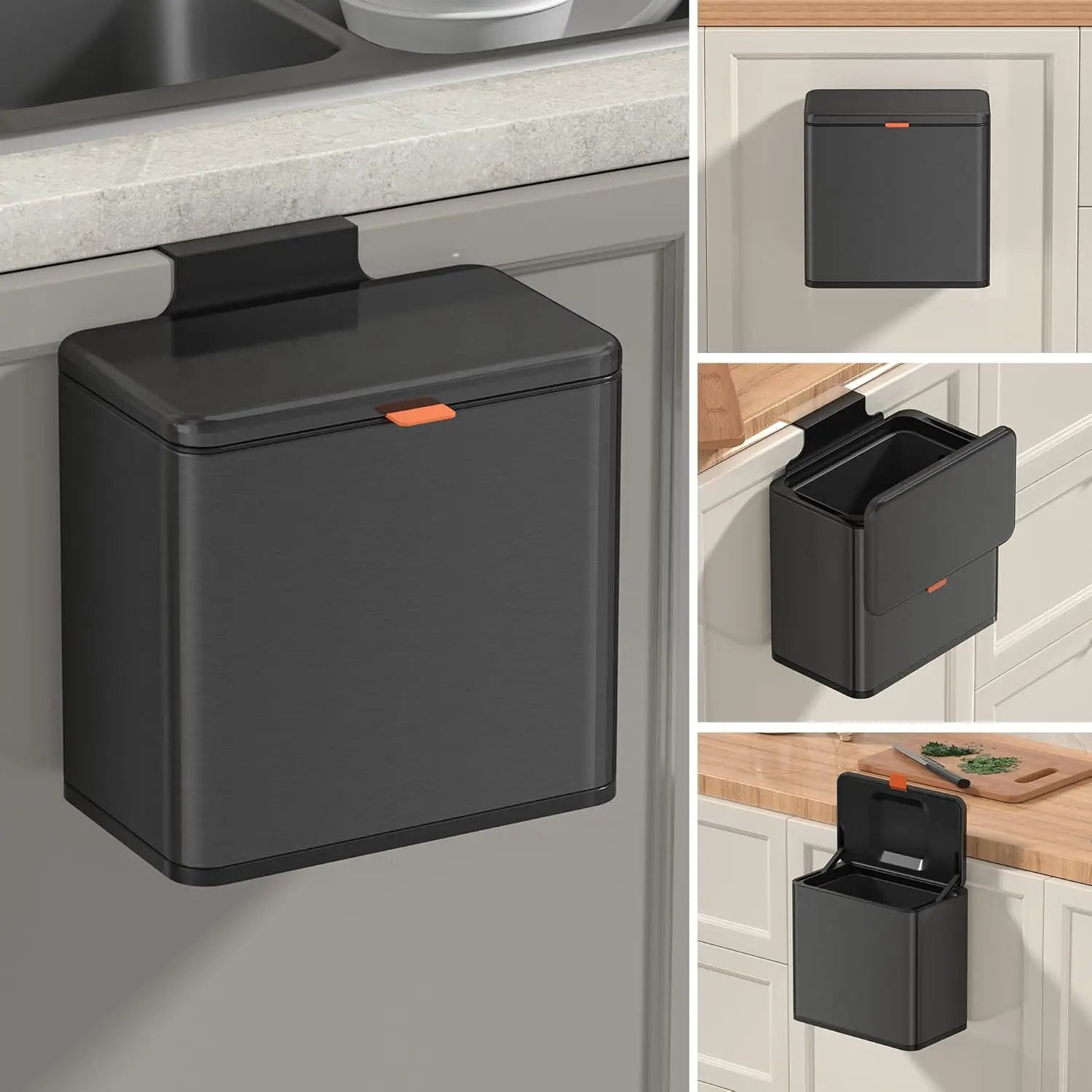 Mbillion Kitchen Compost Bin Hanging Trash Can with Lid 1.05 Gallon Stainless Steel Garbage Can for Kitchen Cabinet Door Mounted Trash Can Under Sink Door RV Bathroom,Brushed Black by GreenHaven Gardens