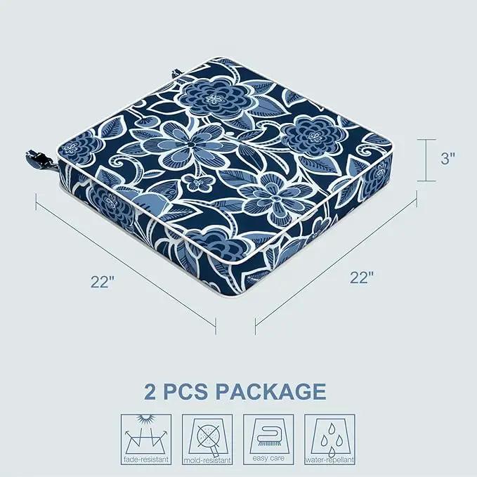 LVTXIII Patio Chair Cushions 22"x22"x3", Water-Repellent Outdoor Seat Cushions for Patio Furniture, Square Chair Pads with Ties for Home Garden Decoration, Set of 2, Flower Navy by GreenHaven Gardens