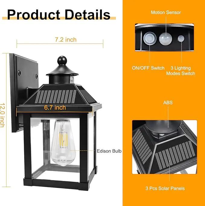Solar Wall Lights Outdoor, Dusk to Dawn Motion Sensor Lights Waterproof, Solar Porch Lights with 3 Modes & Motion Sensor, Lantern Light Fixture for Patio Garage Entryway Garden by GreenHaven Gardens