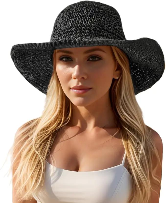 Floppy Big Beach Straw Hats for Women Foldable Summer Wide Brim Packable Sun Hat Womens Travel Straw Fedora Hat by GreenHaven Gardens