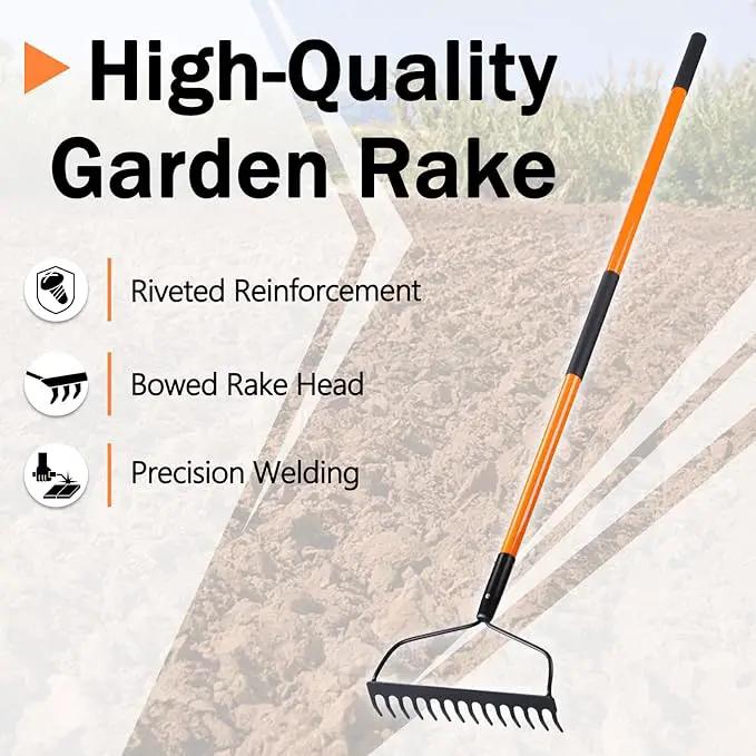 Garden Rake - 14 Tine Heavy Duty Rake with 58 Inch Fiberglass Handle by GreenHaven Gardens
