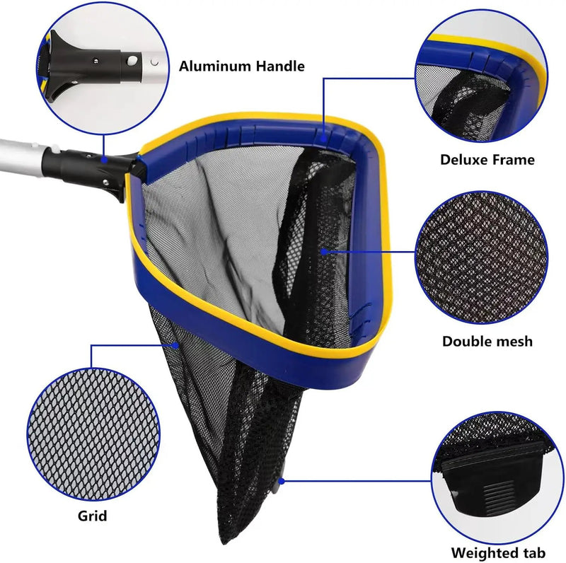Poolvio Pool Deep Skimmer Net with 3ft - 10ft 1.0mm Thick Adjustable Aluminum Pole & Fine Mesh Bag Leaf Skimmer Rake Net for Above Ground & Inground Swimming Pools, Removes All Debris by GreenHaven Gardens