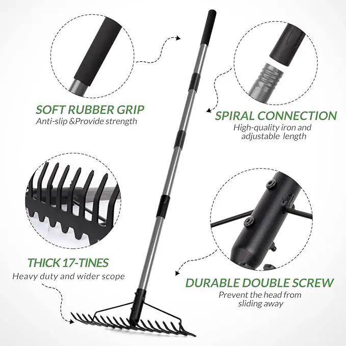 Walensee 5.4FT Bow Rake Heavy Duty Garden Rake with Stainless Steel Handle, 17 Steel Tines Garden Tool for Loosening Soil Gathering Leaf Leveling Lawn Farming Land Management Yarn Thatch Rakes by GreenHaven Gardens