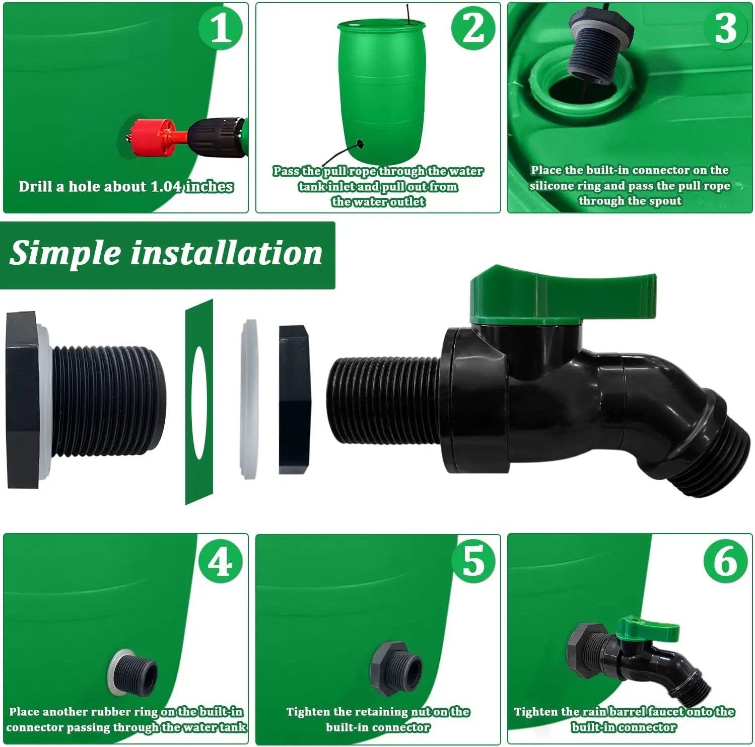 Plastics Rain Barrel Spigot Kit, High Flow Valve Core Water Tank Faucet+PVC Bulkhead Fitting,3/4 NPT to 3/4 GHT Rain Barrel Spigot for Plastic Bucket rainwater Drum Container Downspout Collector in by GreenHaven Gardens