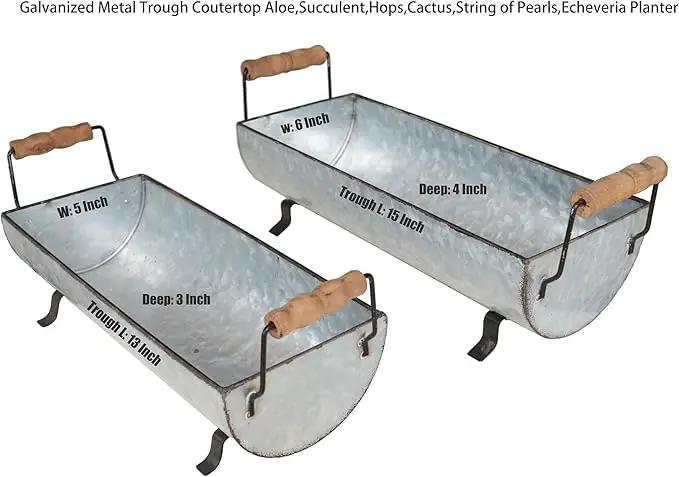 Galvanized Metal Trough Succulent Planter Farmhouse Metal Tray Rustic Tabletop Centerpiece Décor Set of 2 by GreenHaven Gardens