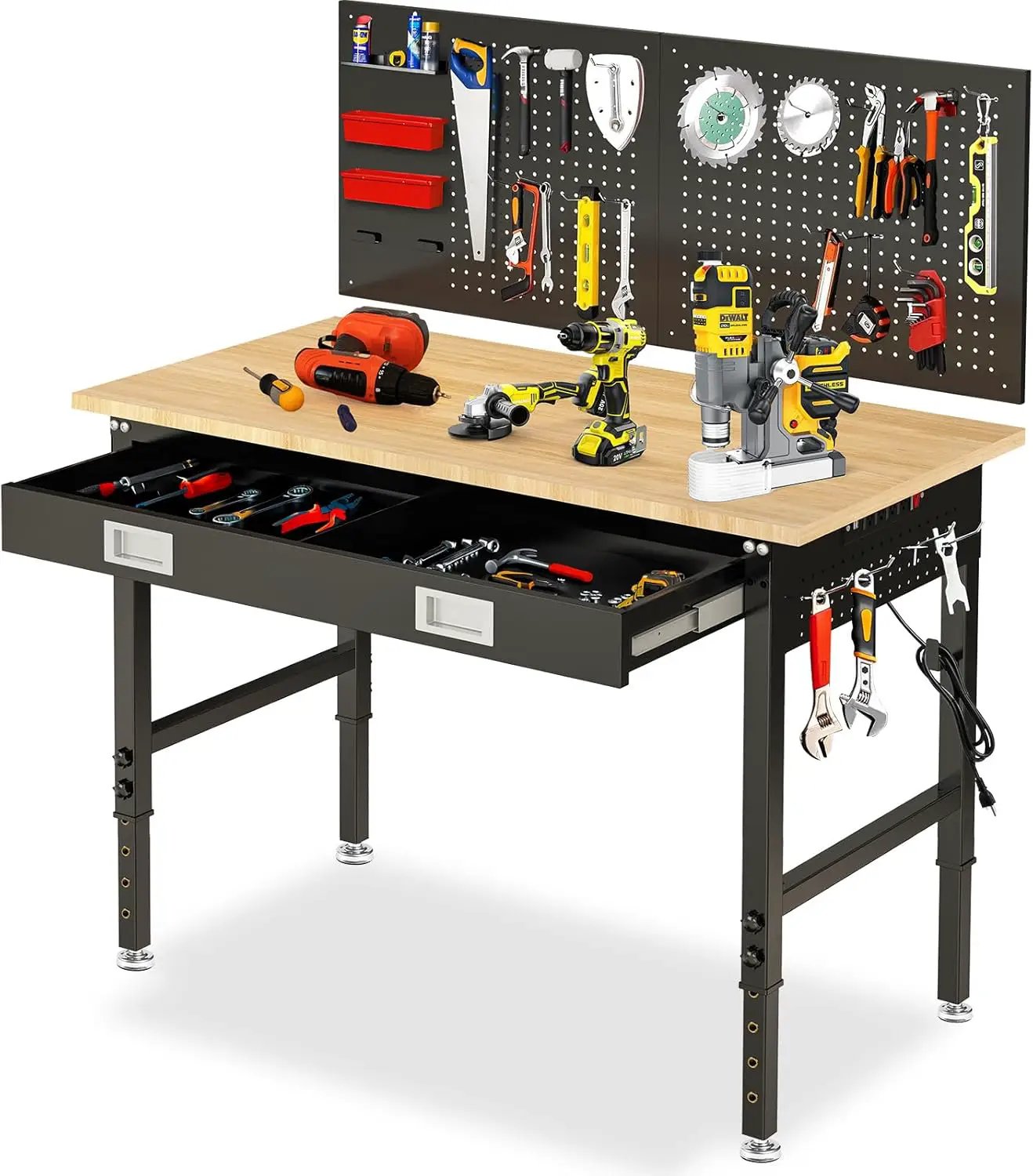 48" Workbench for Garage with Drawers Rubberwood Tabletop Work Table with Pegboard, Power Outlets Adjustable Height Work Bench for Office, Woodworking Shop, Home by GreenHaven Gardens