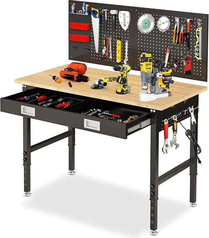 48" Workbench with Drawers, Adjustable Height Work Bench 2000 LBS Heavy-Duty Work Table Rubber Wood Work Station with Power Outlet & Pegboard for Garage, Office, Workshop, Home, Party Shop by GreenHaven Gardens