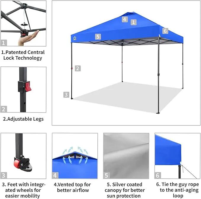 CROWN SHADES 10x10 Pop Up Canopy Tent - Patented Center Lock One Push Instant Outdoor Canopy Beach Tent with STO-N-Go Bag 8 Stakes & 4 Sand Bags，Blue by GreenHaven Gardens