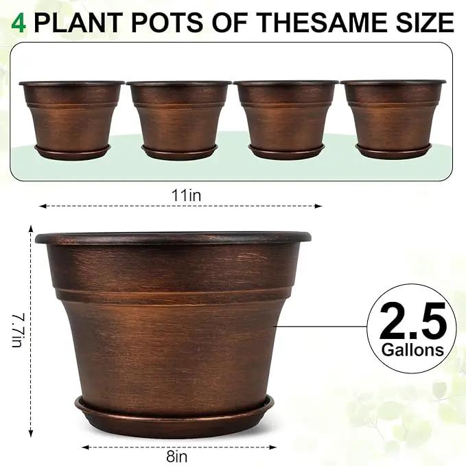 Plant Planters Pots Set of 4 Pack 11 Inch, Plastic Flower Pot for Indoor Plants with Drainage Holes & Trays, Resin Decorative Container Sets with Saucer for House Outdoor Garden Planters Copper by GreenHaven Gardens