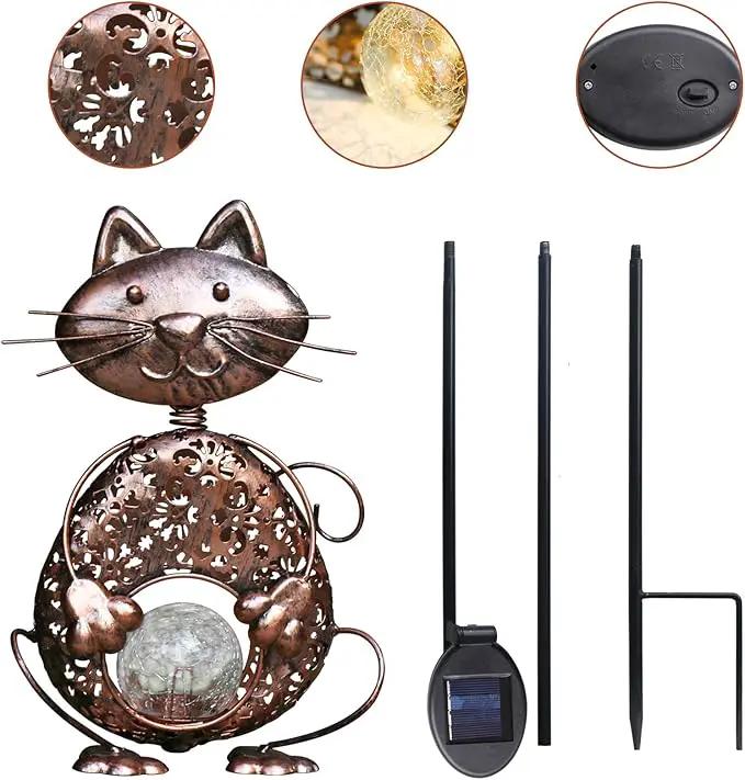 KAIXOXIN Garden Solar Lights Metal Cat Crackle Glass Globe Stake Light Waterproof Warm White LED Solar Path Lights (Cat-Bronze) by GreenHaven Gardens