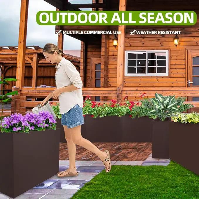 Metal Tall Long Planter Box Large Rectangular Planter Flower Pot with Drainage Holes for Indoor Outdoor Deck Porch Garden Home Patio Front Door (Espresso, M) by GreenHaven Gardens