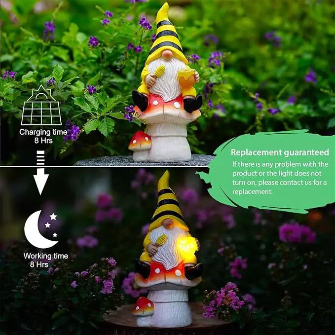 Solar Gnome Decor for Outside - Garden Beer Gnome Outdoor with Solar Lights, Sitting on Mushrooms - Perfect Housewarming or Women's Gifts (Yellow) by GreenHaven Gardens