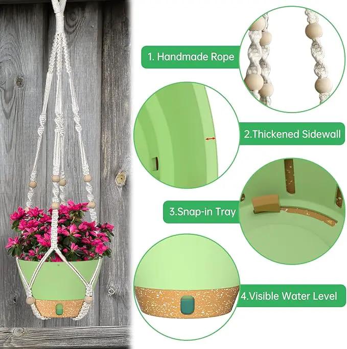 ZMTECH 2 Pack 10 Inch Hanging Planters with Macrame Plant Hanger for Indoor and Outdoor Plants, Self Watering, Drainage Hole, Visible Level Tray, Green by GreenHaven Gardens