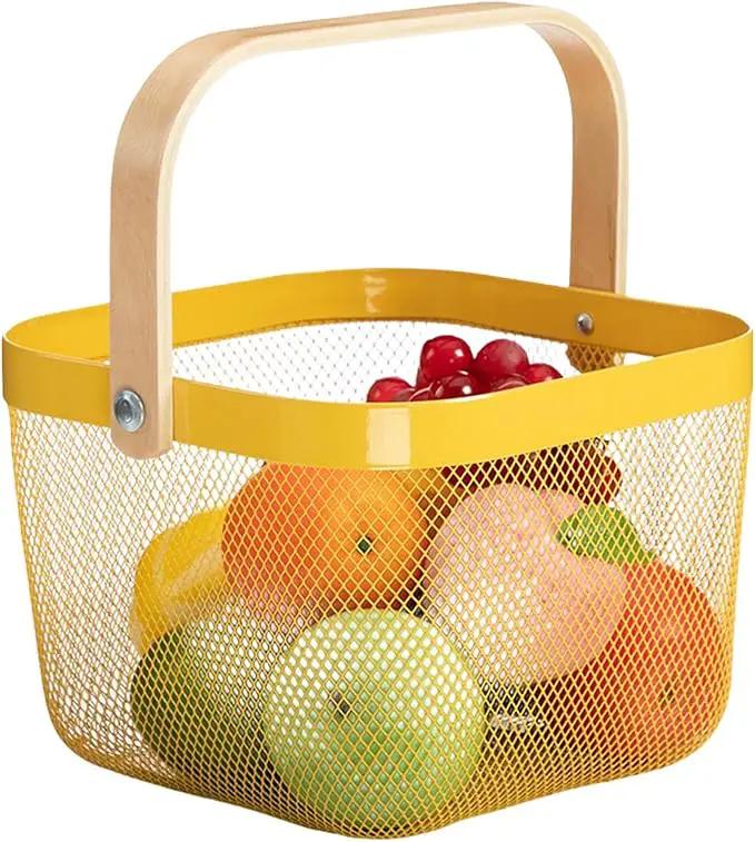 Metal Mesh Steel Basket, Storage Organizer Basket Multi-functional Hanging Kitchen Baskets Fruit Baskets with Wooden Handle for Kitchen Bathroom Picnic Shopping Decor Cabinet Home, Yellow by GreenHaven Gardens