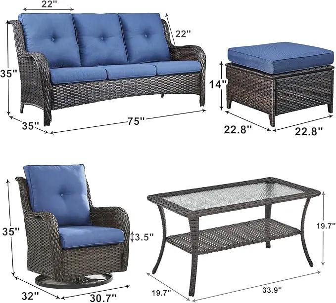 Outdoor Wicker Patio Furniture Set - 6 Piece Rattan Patio Conversation Set with 2 Rocking Swivel Chairs,2 Ottomans,1 Sofa and 1 Coffee Table for Porch Deck Backyard Garden(Brown/Blue) by GreenHaven Gardens