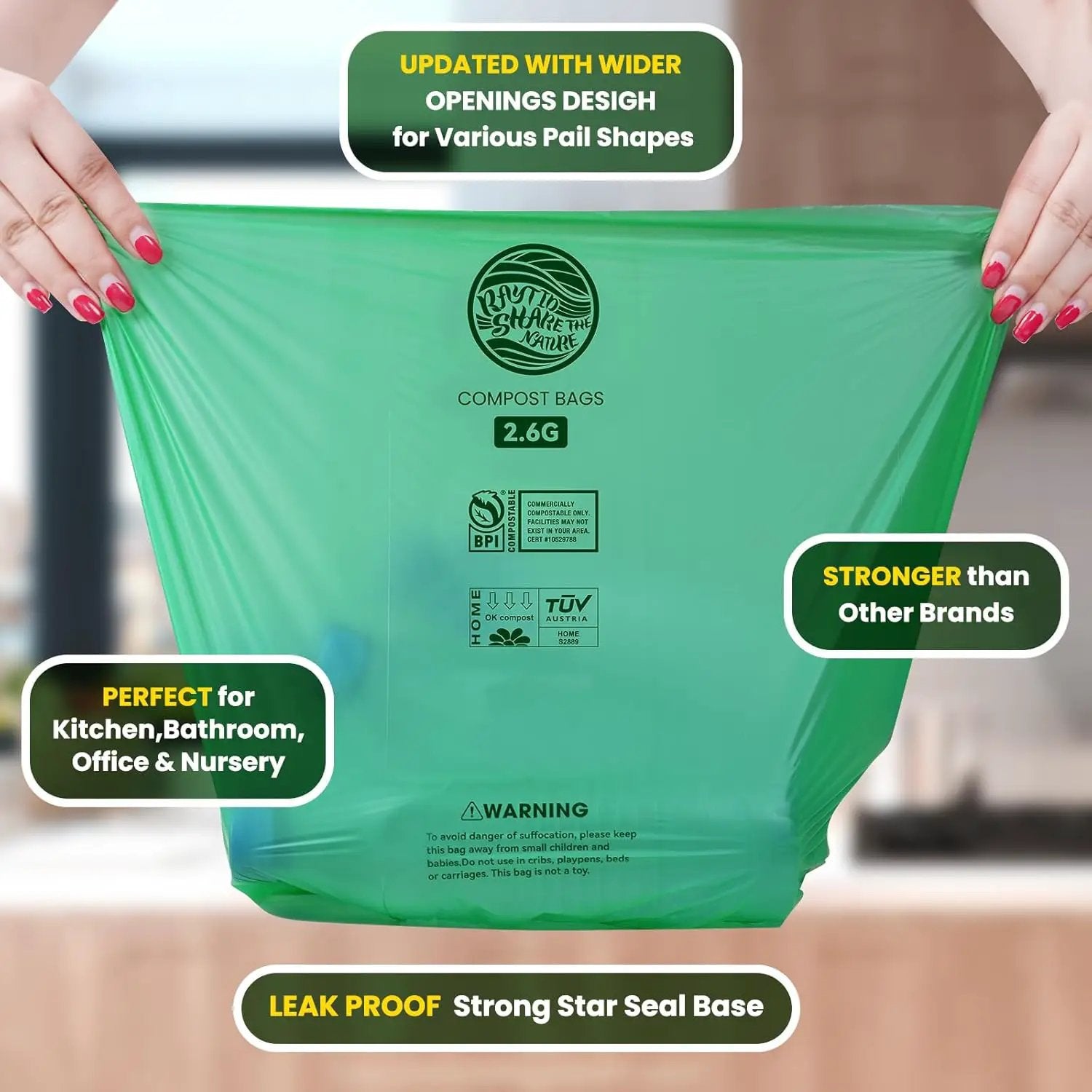RAYTID Compostable trash Bags 2.6 Gallon Compost Bags for Kitchen Countertop Bin 1.3,2,3, Gallon, 120 Count,Small Kitchen Food Scrap Waste Bags,ASTM D6400, US BPI & Europe OK Compost Home Certified by GreenHaven Gardens