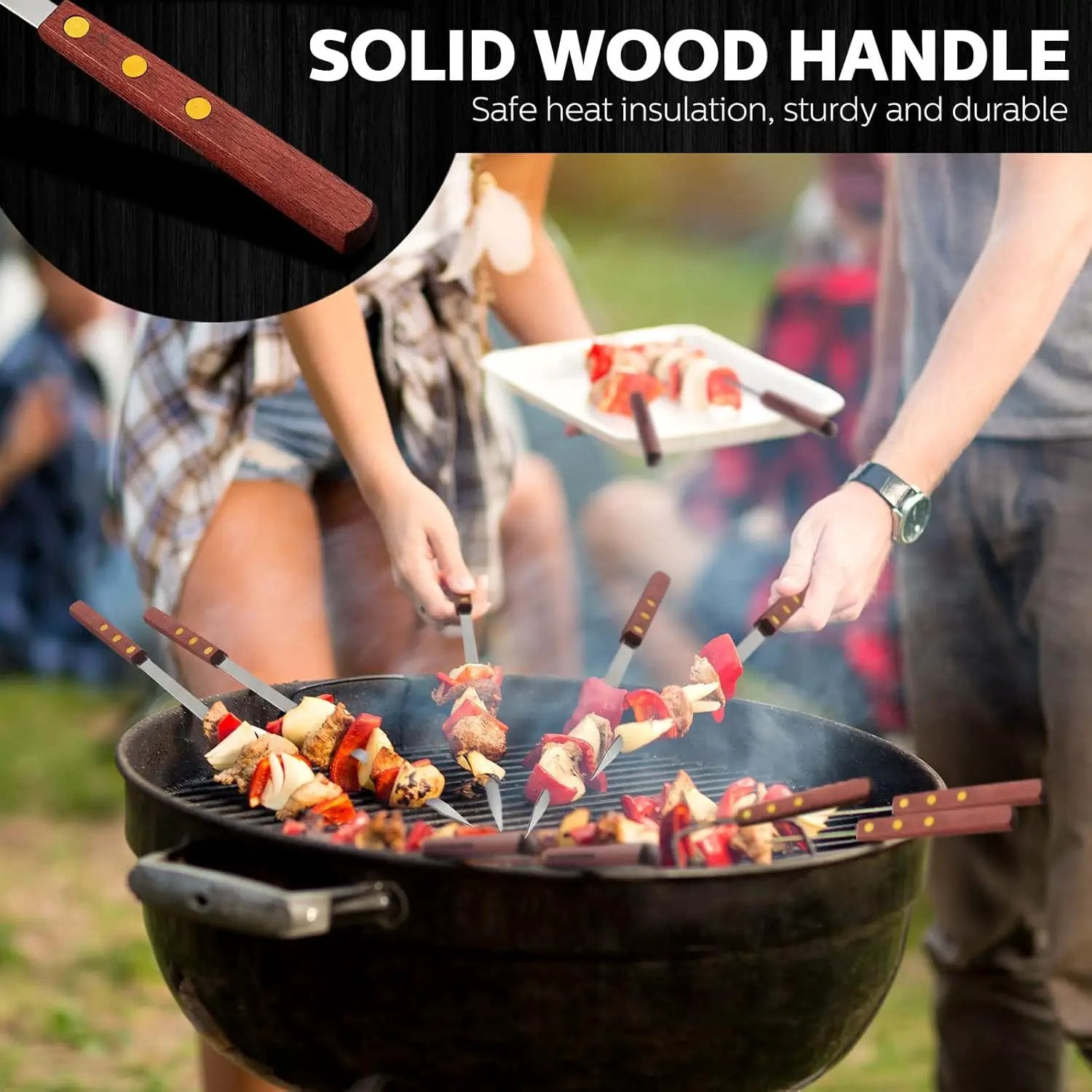 Cunhill 12 Pcs 17.7 Inch Kabob Skewers for Grilling 0.4 Inch Wide Flat Blade Thin Stainless Steel Kabob Sticks Long Barbecue Reusable Metal BBQ Skewers with Wood Handles for Tailgate Party Outdoor by GreenHaven Gardens