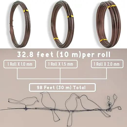 Sanlykate Bonsai Wire Tool Kit with Cutter, 3 Roll Tree Training Wires 98 Feet Total, 1.0mm, 1.5mm, 2.0mm Anodized Aluminum Wire Set, Hold Plant Branches Trunks - Brown