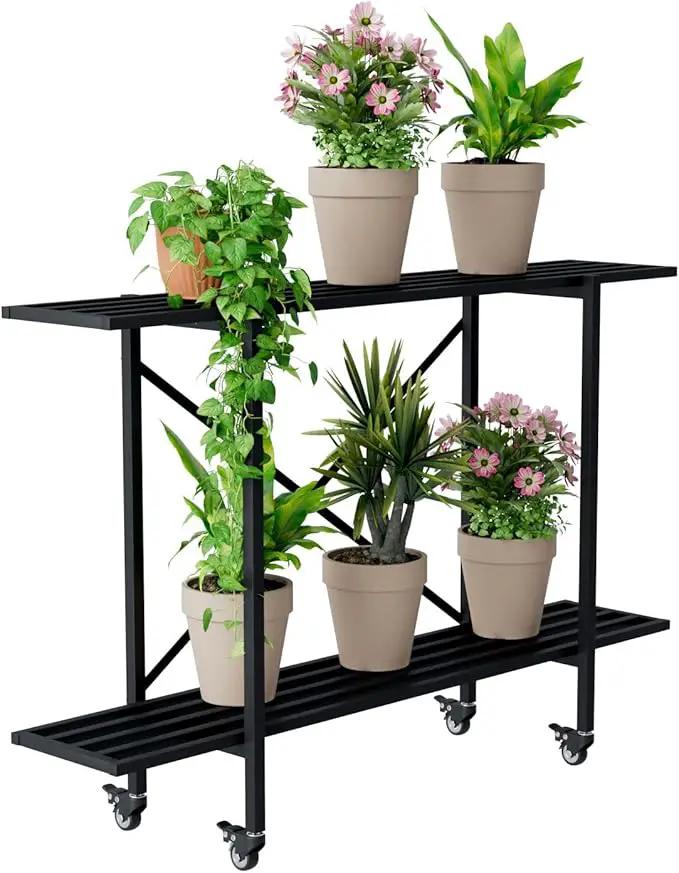 Zhongma 2 Tier Metal Sturdy Narrow Plant Stand with Wheels, Plant Stand Indoor and Outdoor, L45.67 x W10.3 x H29.9 inch, 440 LBS Capacity & Heavy Duty Construction. by GreenHaven Gardens