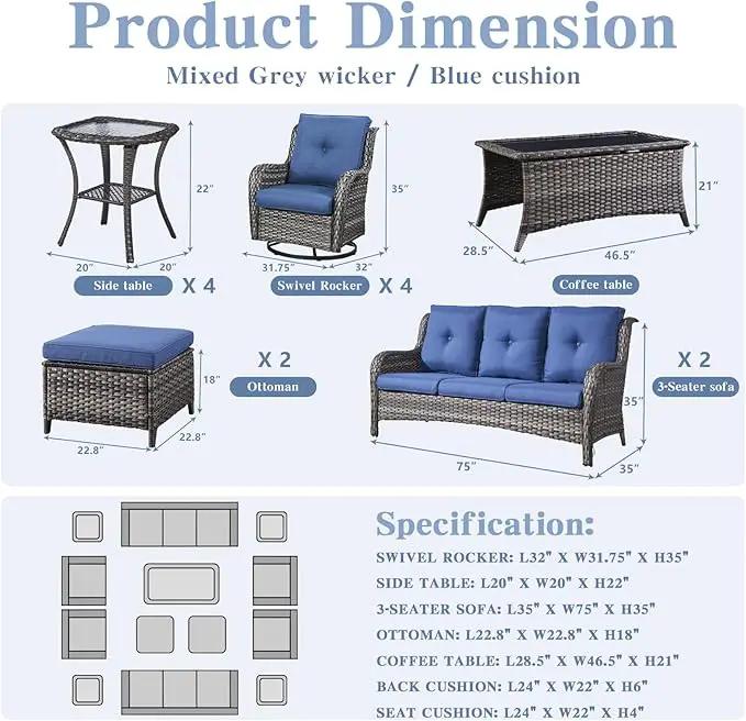 Wicker Patio Furniture Sets - 13 Piece Outdoor Rattan Furniture Conversation Sets with 4 Swivel Rocker Chairs, 2 Rattan Sofas, Wicker Ottomans and Coffee Table, Mixed Grey/Blue by GreenHaven Gardens