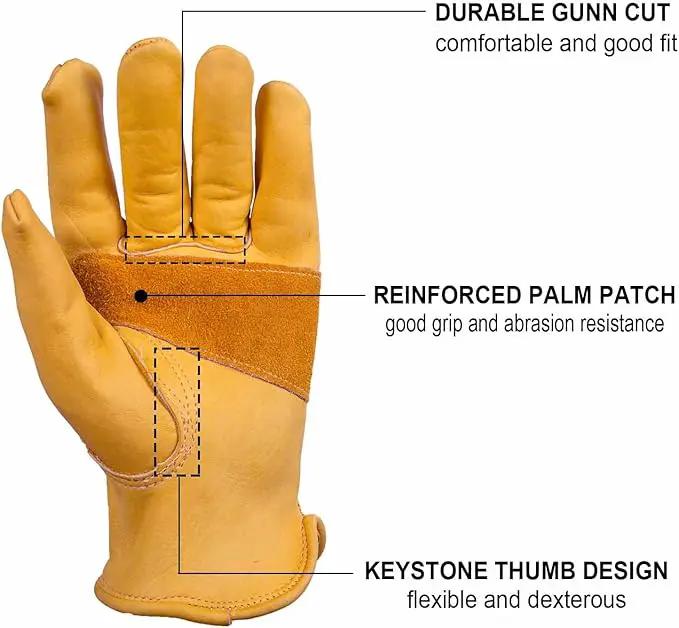 OZERO Leather Work Gloves Flex Grip Stretchable Tough Cowhide Work Gloves 1 Pair (Gold, Medium) by GreenHaven Gardens