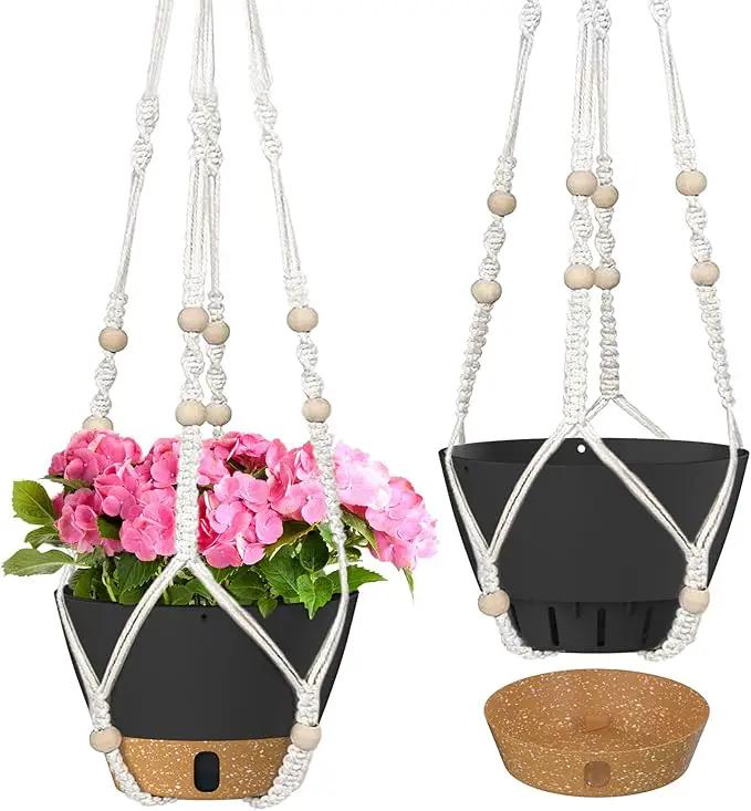 ZMTECH 2 Pack 10 Inch Hanging Planters with Macrame Plant Hanger for Indoor and Outdoor Plants, Self Watering, Drainage Hole, Visible Level Tray, Gray by GreenHaven Gardens