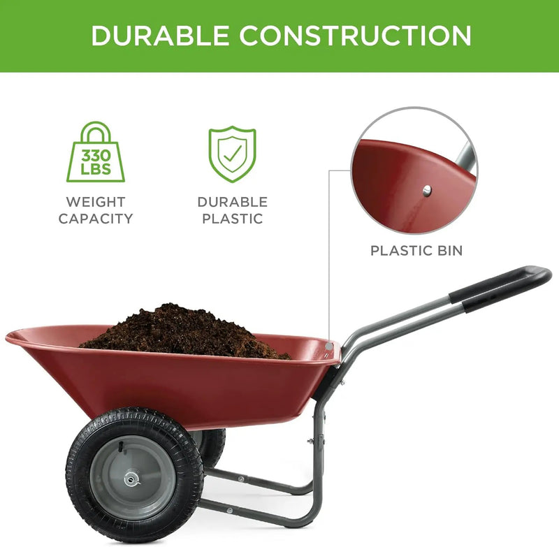 Best Choice Products Dual-Wheel Home Utility Yard Wheelbarrow Garden Cart w/Built-in Stand for Lawn, Gardening, Construction - Red by GreenHaven Gardens