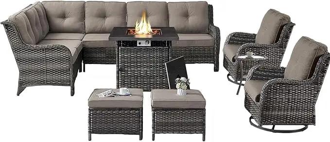 Outdoor Sectional Furniture Sofa Set with Propane Fire Pit Table, Wicker Patio Conversation Set with 2 Swivel Rocker Glider Chairs Grey Cushion Perfect for Backyard Casual Gathering by GreenHaven Gardens